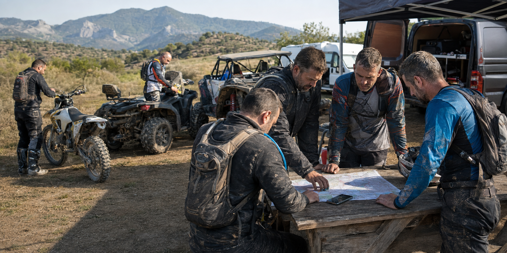 Club off-road preparando una actividad con motos, quad y buggy